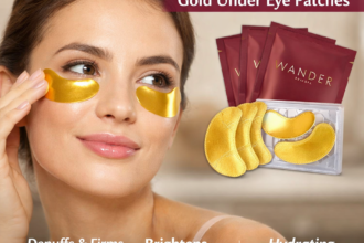 Wander Beauty Gold Under Eye Patches Review Woman applying Wander Beauty gold under eye patches to reduce dark circles and puffiness while hydrating and brightening the under-eye area