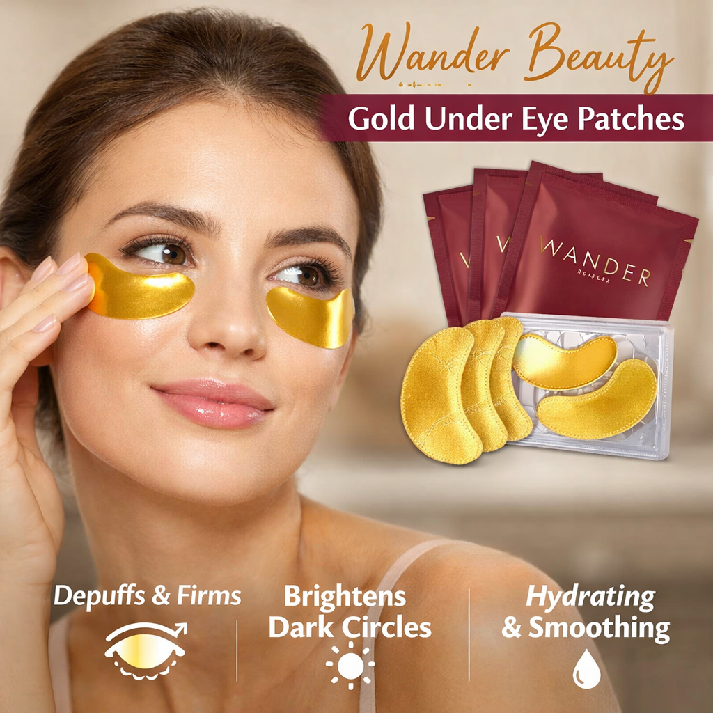 Wander Beauty Gold Under Eye Patches Review Woman applying Wander Beauty gold under eye patches to reduce dark circles and puffiness while hydrating and brightening the under-eye area