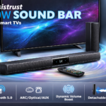Assistrust 80W Sound Bar for Smart TVs Assistrust 80W sound bar for smart TV featuring Bluetooth connectivity, ARC and optical inputs, dynamic volume boost, and detachable speaker design