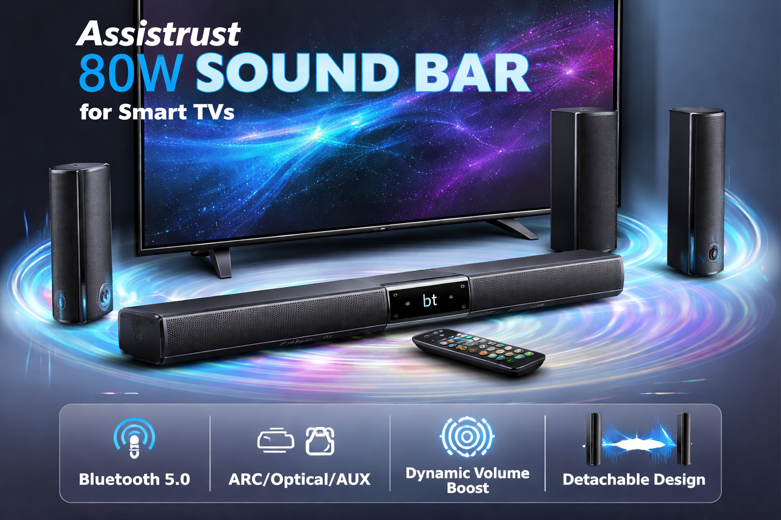 Assistrust 80W Sound Bar for Smart TVs Assistrust 80W sound bar for smart TV featuring Bluetooth connectivity, ARC and optical inputs, dynamic volume boost, and detachable speaker design