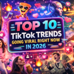 Colorful TikTok trends collage showing creators, viral icons, dancing content, and social media engagement elements representing top viral trends in 2026
