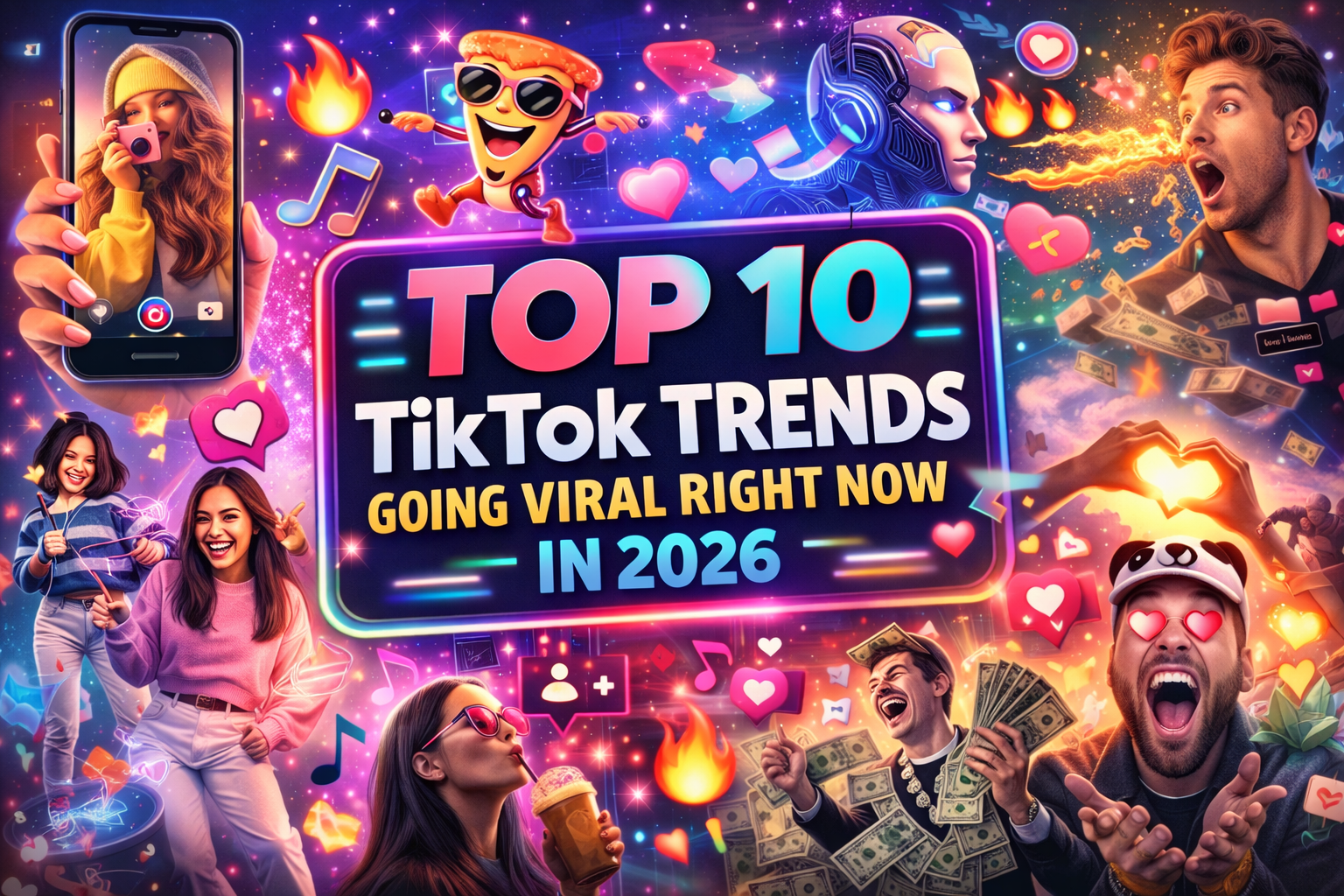 Colorful TikTok trends collage showing creators, viral icons, dancing content, and social media engagement elements representing top viral trends in 2026