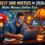 A young entrepreneur working on a laptop with digital icons representing online side hustles like freelancing, YouTube, crypto, and e-commerce, with glowing dollar signs and income growth charts in a modern workspace.