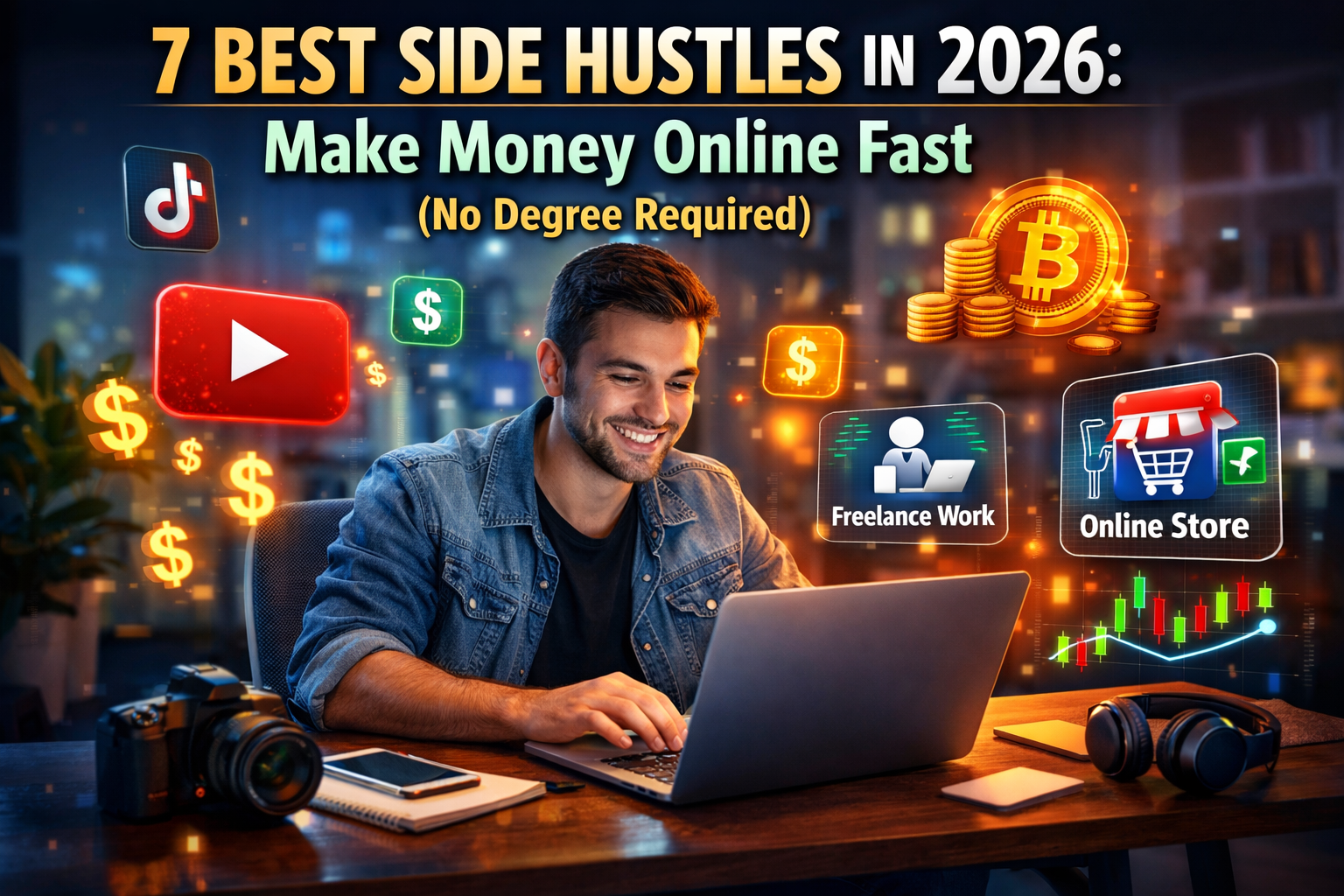 A young entrepreneur working on a laptop with digital icons representing online side hustles like freelancing, YouTube, crypto, and e-commerce, with glowing dollar signs and income growth charts in a modern workspace.
