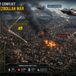 Aerial cinematic view of Middle East conflict 2026 showing Israel-Hezbollah war with airstrikes, rocket attacks, smoke, and destroyed urban areas.