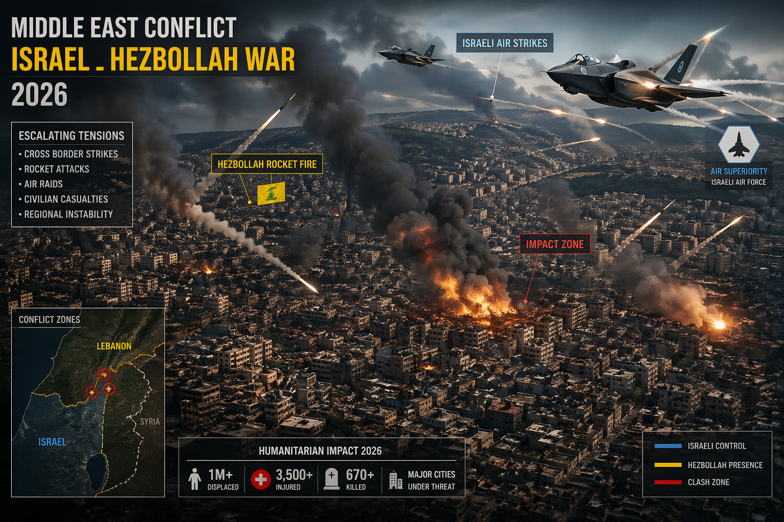 Aerial cinematic view of Middle East conflict 2026 showing Israel-Hezbollah war with airstrikes, rocket attacks, smoke, and destroyed urban areas.
