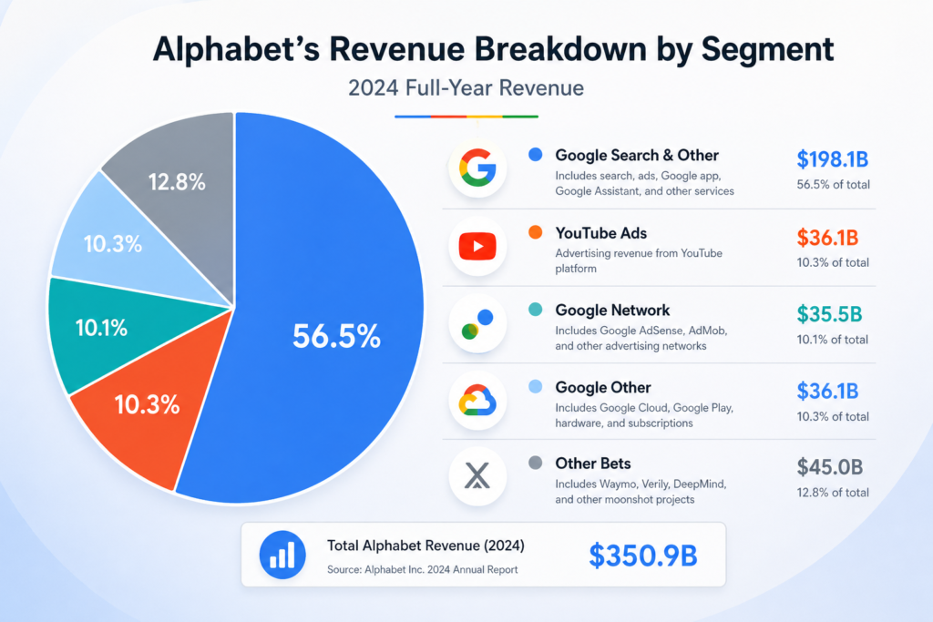 Alphabet Inc. revenue breakdown pie chart showing Google Search as the largest segment, followed by YouTube, Google Network, Google Other, and Other Bets, with percentage shares and 2024 revenue figures.