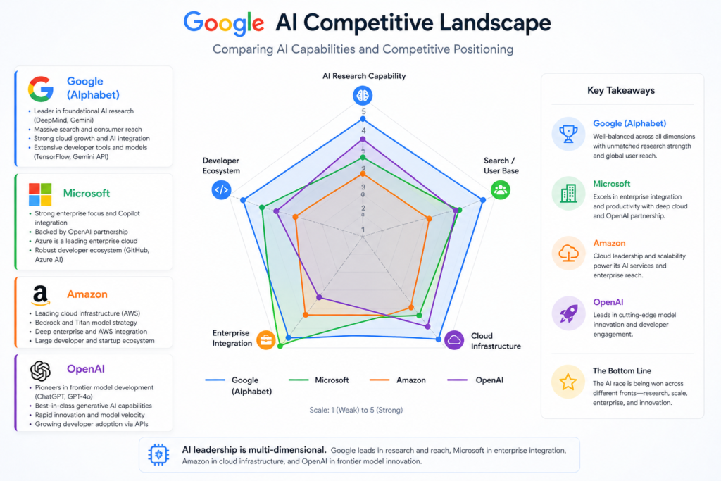 Radar chart infographic comparing AI capabilities of Google, Microsoft, Amazon, and OpenAI across dimensions including AI research, search/user base, cloud infrastructure, enterprise integration, and developer ecosystem.