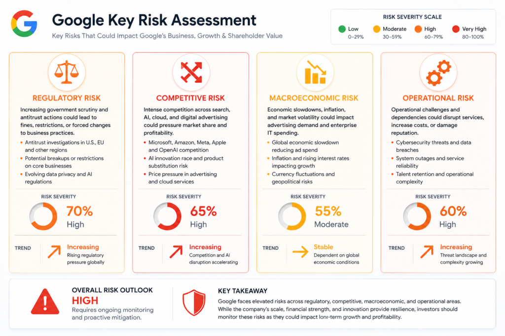 Risk assessment dashboard infographic highlighting Google’s key risks—regulatory, competitive, macroeconomic, and operational—with severity percentages, trend indicators, and warning color coding.