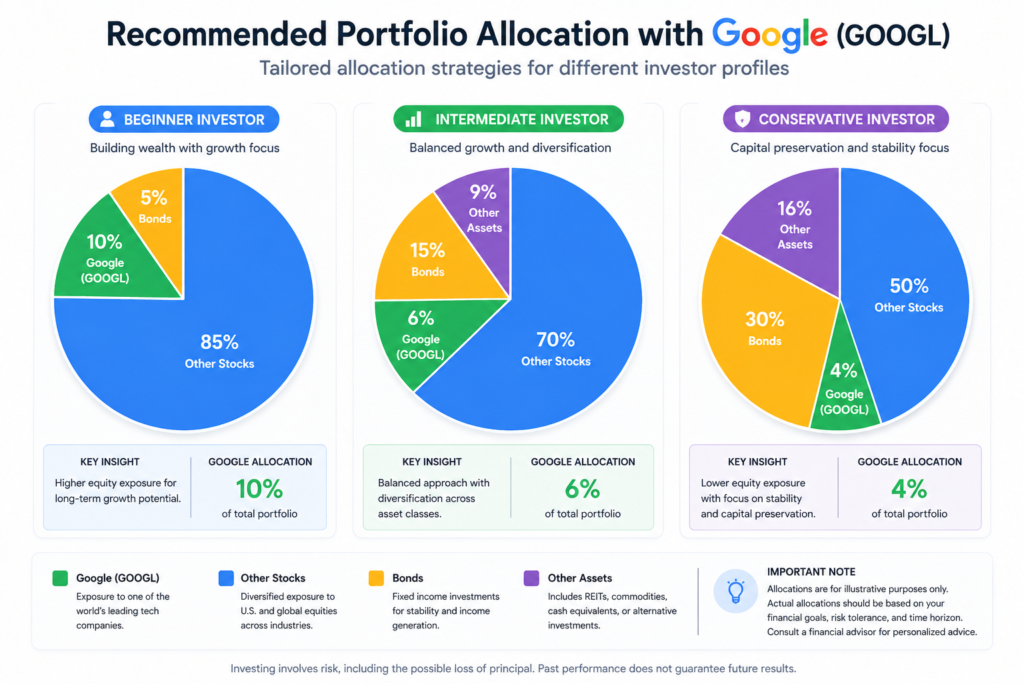Three side-by-side pie charts illustrating recommended portfolio allocations for beginner, intermediate, and conservative investors, highlighting different stock percentages and Google (GOOGL) allocations along with bonds and other assets.