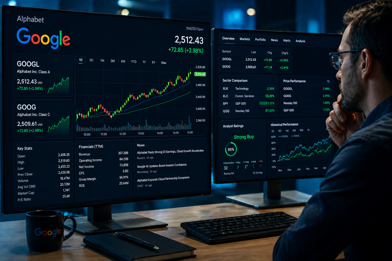Google stock GOOGL trading dashboard showing price charts and investment analytics