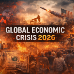 Global economic crisis 2026 showing stock market crash, war conflict, fuel crisis, and rising geopolitical tensions worldwide