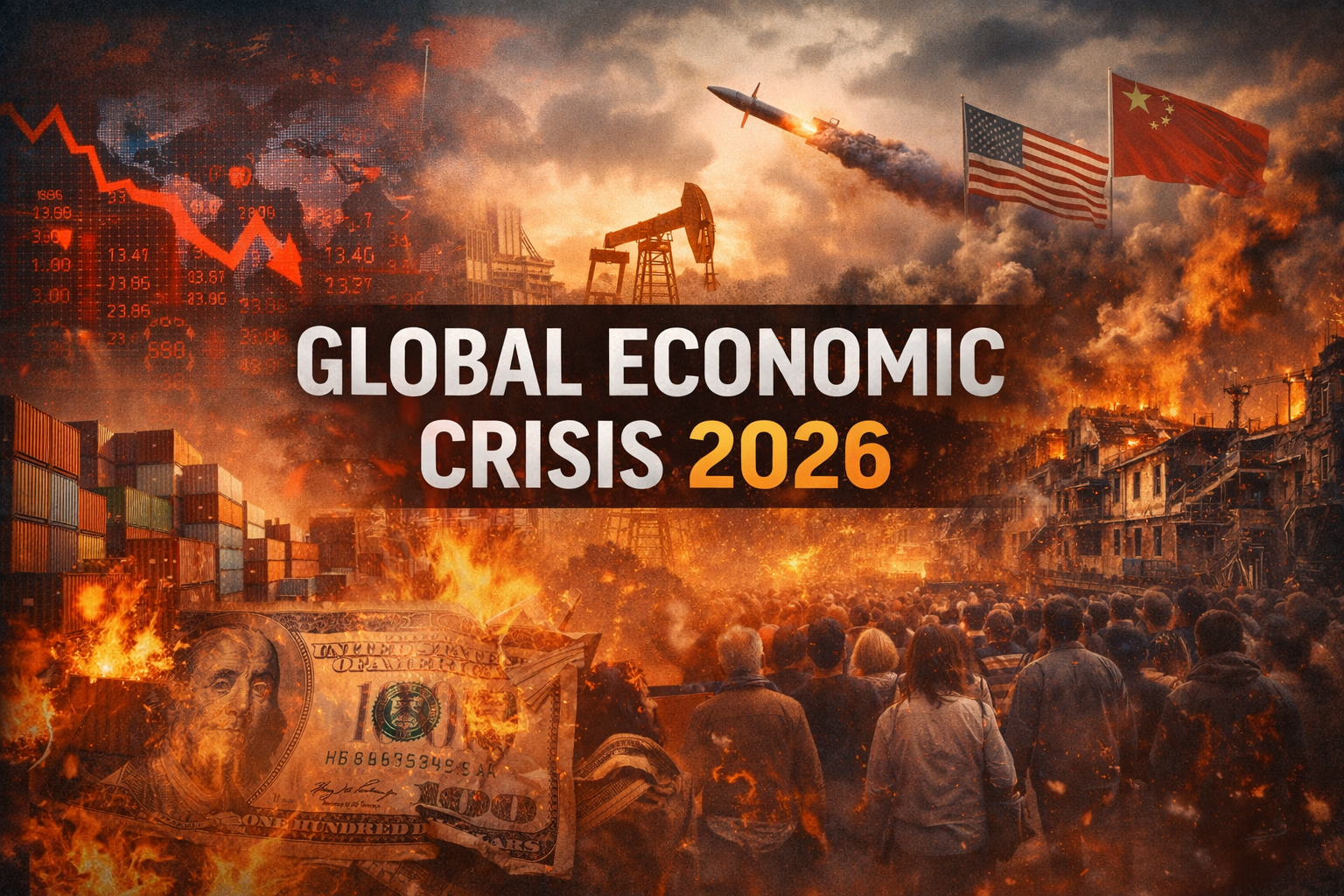 Global economic crisis 2026 showing stock market crash, war conflict, fuel crisis, and rising geopolitical tensions worldwide