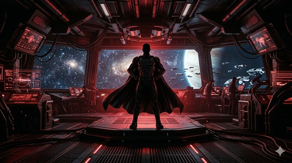 Dark sci-fi commander silhouette in red lighting on a futuristic space station bridge representing power and authority