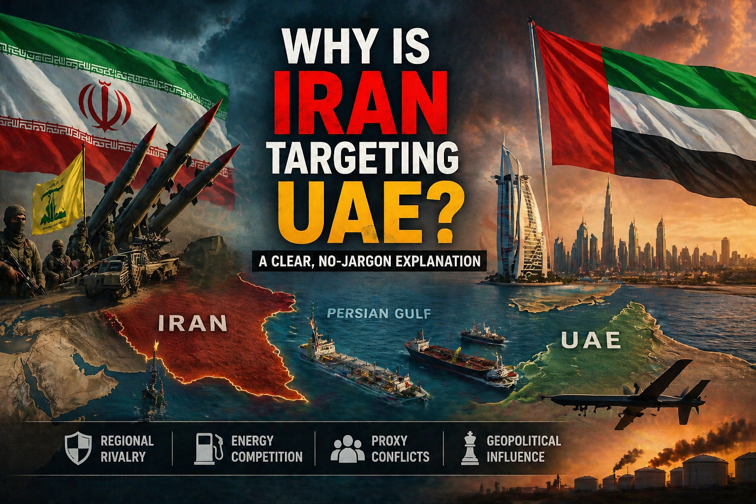 Infographic showing Iran and UAE geopolitical tensions with missiles, oil trade routes, and regional conflict visuals
