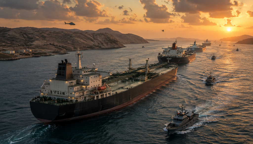 Oil tankers passing through the Strait of Hormuz amid geopolitical tensions