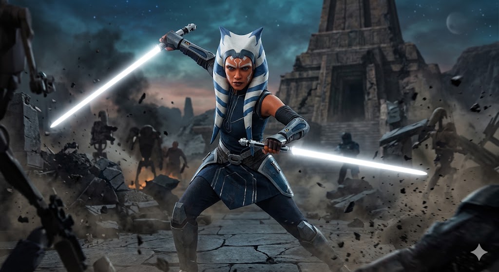 Ahsoka Tano in a dynamic battle stance, wielding her signature dual white lightsabers against a backdrop of ruins and a dark, moody sky. The scene captures her intensity and focus, highlighting her unique path outside the traditional Jedi Order.